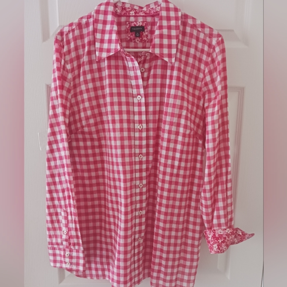 New Talbots Hot Pink Lightweight Cotton Gingham Extra Long Shirt XL